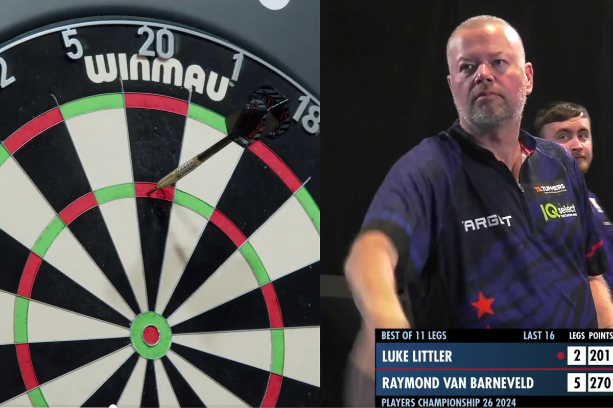 Beelden van laatste moment tussen het duel van Raymond van Barneveld en Luke Littler