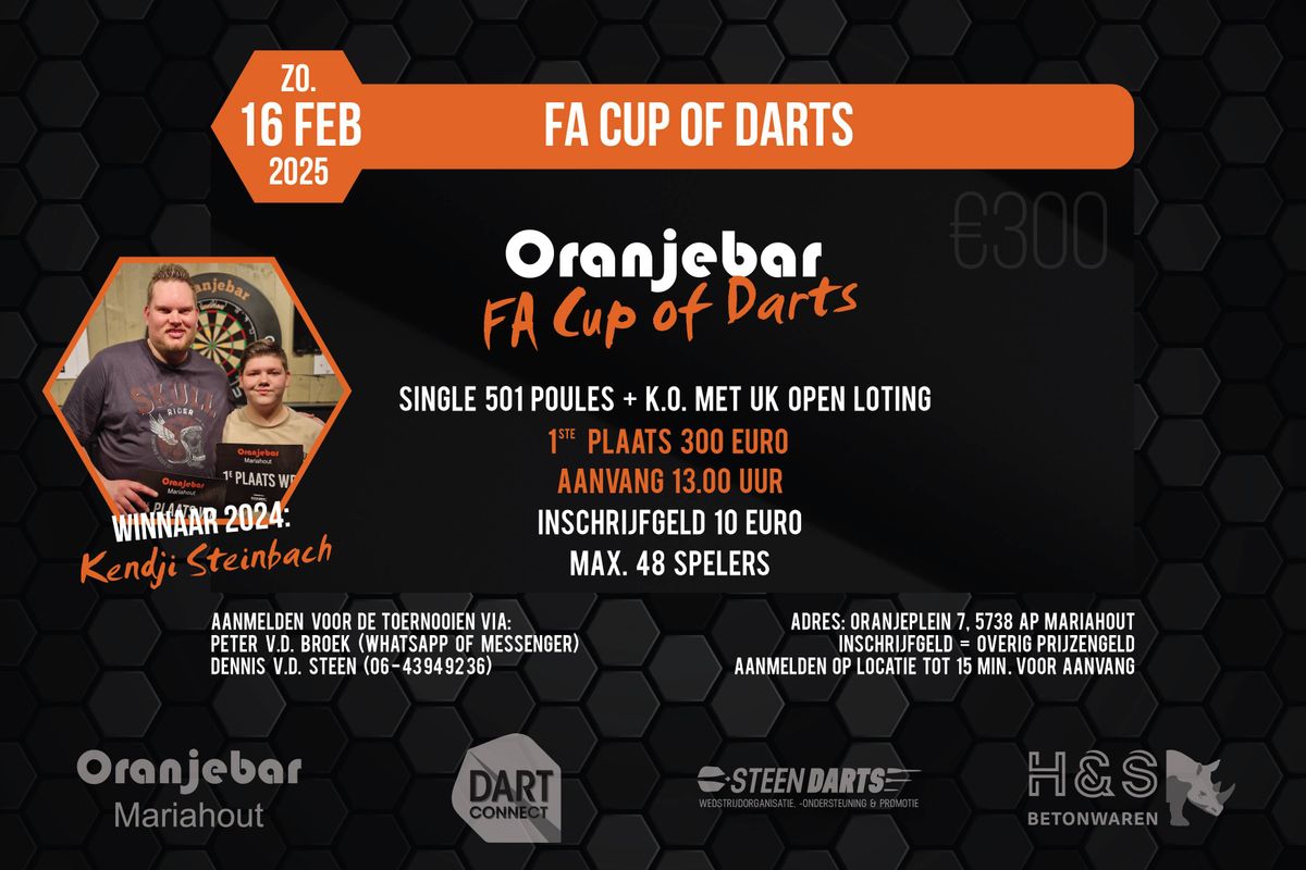 Zondag 16 februari 2025 is er voor het derde jaar op rij de Oranjebar FA Cup of Darts