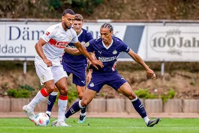 ankum 19 07 2025 quitt stadium season 2025 2026 dutch pre season football friendly match between psv and vfb stuttgart psv player kiliann sildillia and vfb stuttgart player josha vagnoman