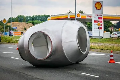 Enorme koker valt van vrachtwagen af in Eindhoven, te hoge lading klapt tegen verkeersbord