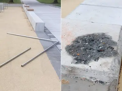 Park is net open en nu al zijn buizen gesloopt, speelbord bekrast en paaltjes uit grond getrokken