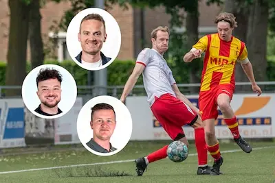 dennis kas links chris ottens boven en maarten elst rechts halen anekdotes op tijdens de vooravond van het nieuwe amateurvoetbalseizoen