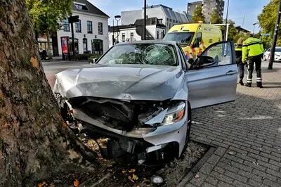 Auto rijdt stoplicht omver en botst op boom voor coffeeshop The Grass Company in Tilburg