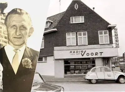 Van de eerste show van Toon Hermans op tv liet Frans van der Voort (1919 - 2002) iedereen meegenieten in zijn etalage