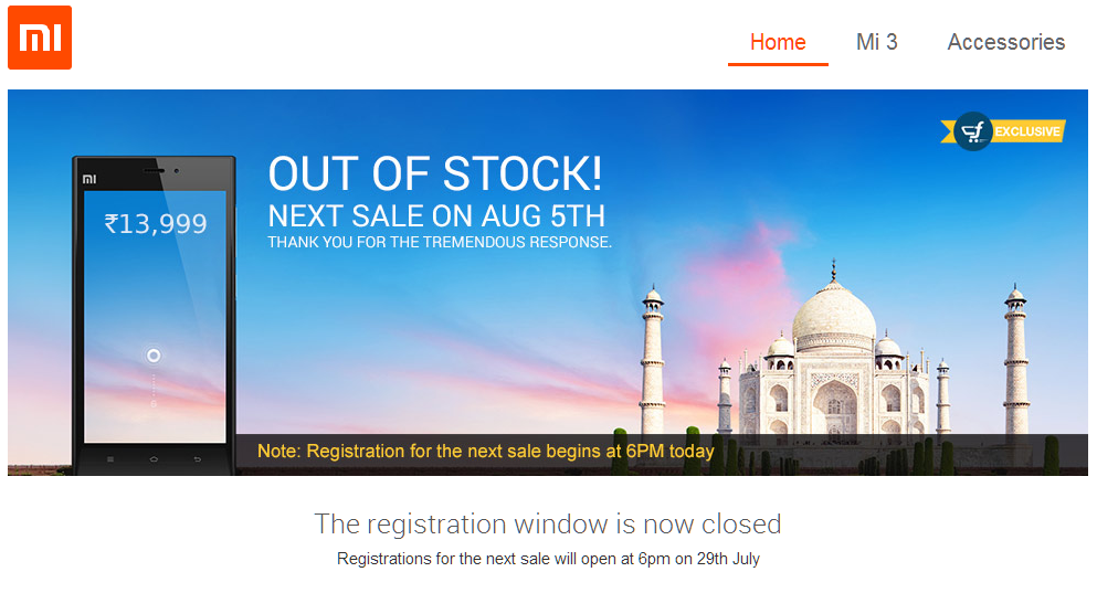 Xiaomi Mi3 listed as 'out of stock' within 2 minutes of going on sale via Flipkart