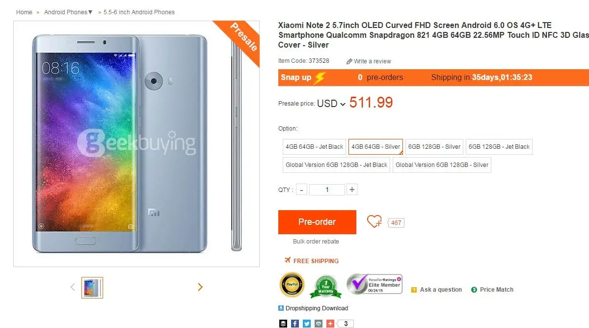 Xiaomi Mi Note 2 already on preorder at Geekbuying