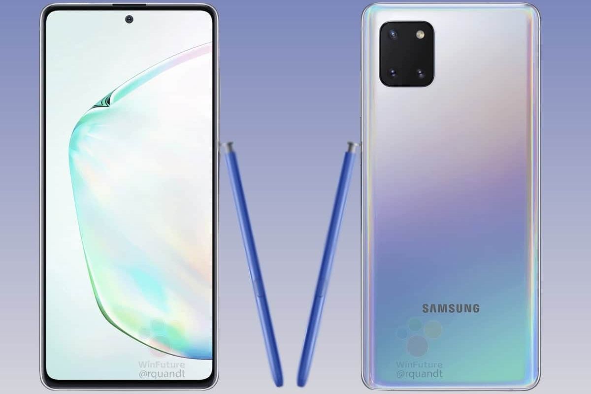 Galaxy Note 10 Lite surfaces in Aura Black, Aura Red, and Aura Glow press renders