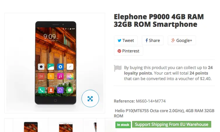 Elephone P9000 shipping from EU at $219.99