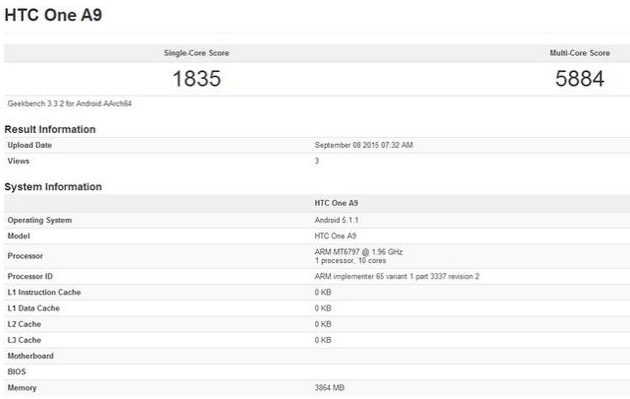 HTC One A9 will feature the 10-core MediaTek MT6797, 4GB RAM