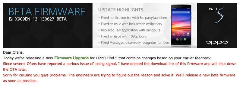 Oppo closes Find 5 Beta Firmware update due to signal loss issues