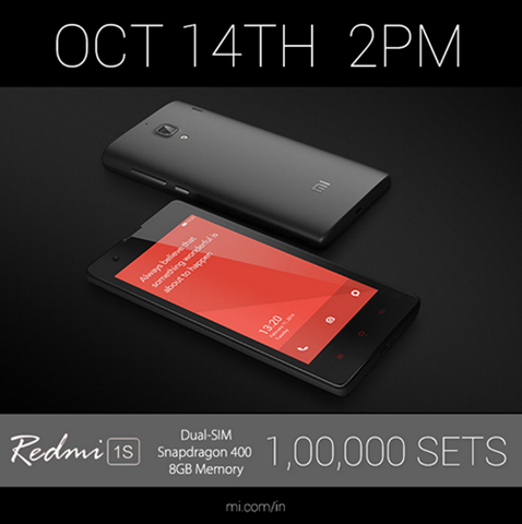 100,000 Redmi 1S units to go on sale coming Tuesday in India