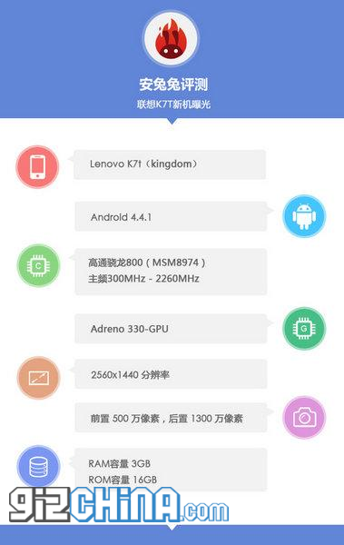 Lenovo K7T “Kingdom” leaked in Antutu with Snapdragon 800, 3GB RAM and 2K display