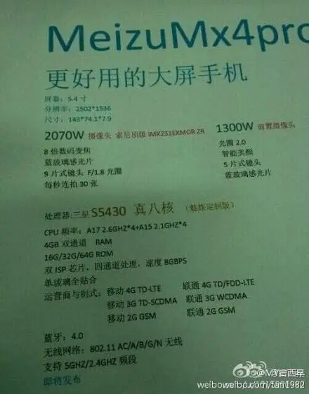 Suspected Meizu MX4 Pro specs surface