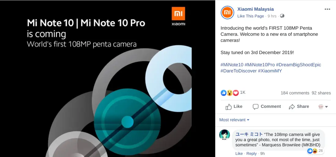 Mi Note 10 Pro heading to Malaysia on December 3