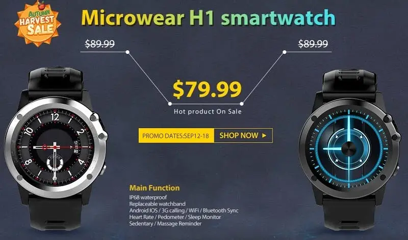 Microwear H1 IP68 3G smartwatch available on sale