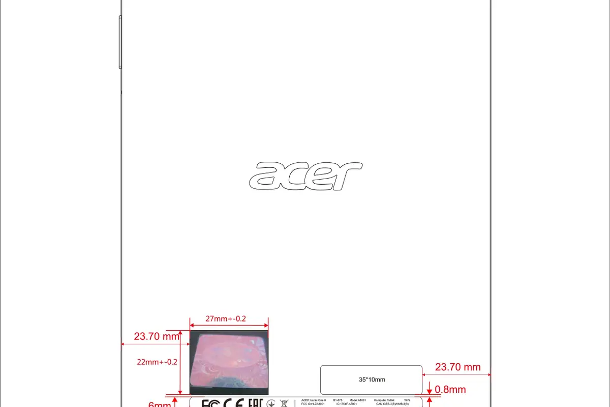Schematics of Acer Iconia One 8 (2018) tablet with entry level specs appears on FCC
