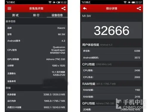 WCDMA Snapdragon 800 Xiaomi Mi3 Antutu benchmarks running Android 4.3!