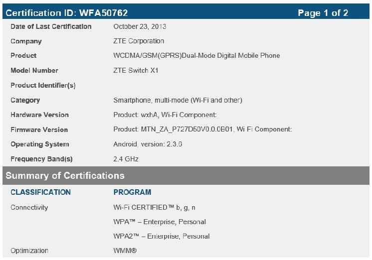 ZTE's entry-level Swtich X1 spotted at the WiFi certification database, runs Android v2.3