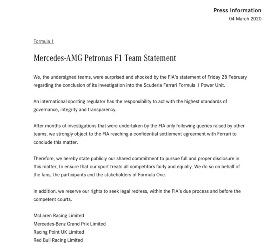 Breaking. Alle non-Ferrari teams spannen samen tegen FIA-overeenkomst!