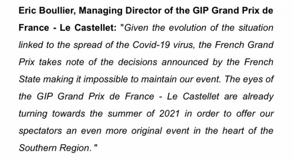 Officieel. Grand Prix van Frankrijk gaat niet door in 2020!