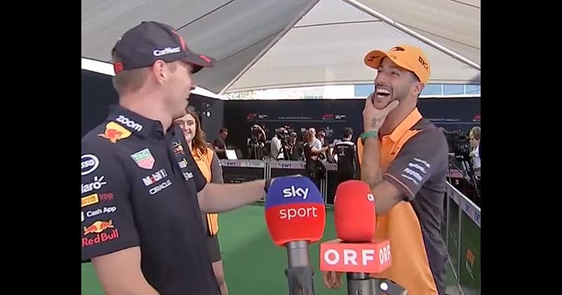 Video. Max Verstappen en Daniel Ricciardo grappen: 'Kan je nog steeds geen baard laten groeien?!'