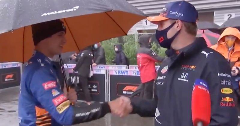 Video. Lando Norris dolt met Max Verstappen na de 'race' in België