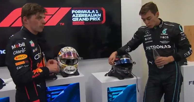 Video. Max Verstappen, Sergio Pérez en George Russell hebben onderonsje na de race