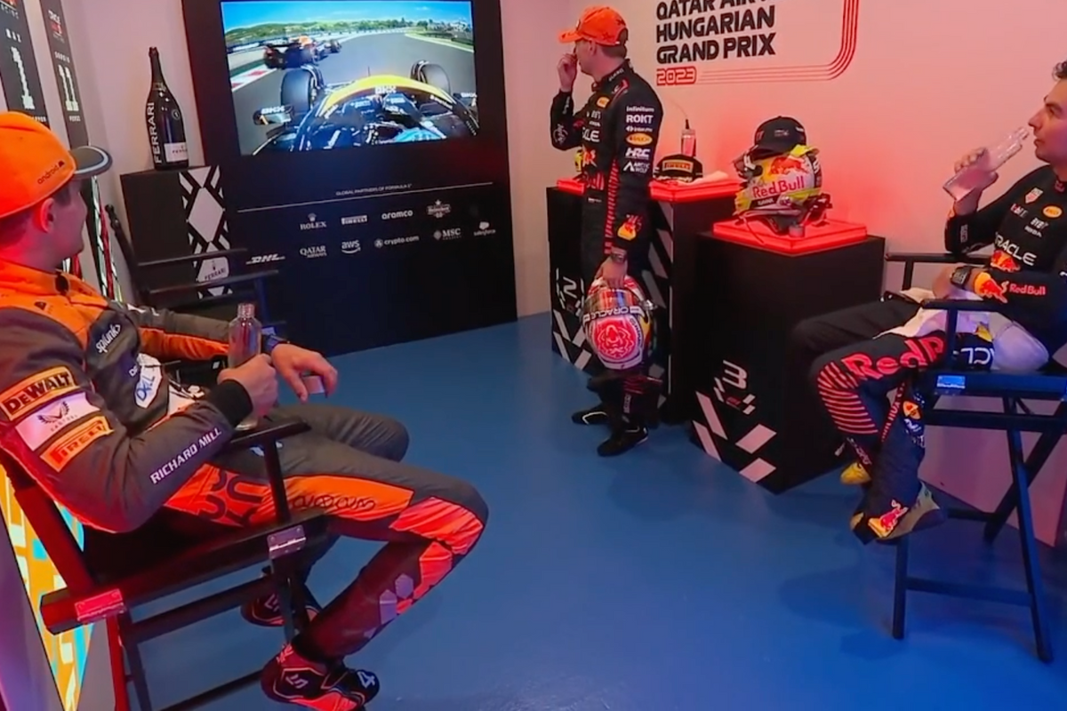 Video: Onderonsje tussen Max Verstappen, Lando Norris en Sergio Pérez in de cooldown room