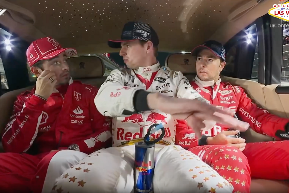 Video: Onderonsje tussen Max Verstappen, Charles Leclerc en Sergio Pérez in de cooldown auto in Las Vegas