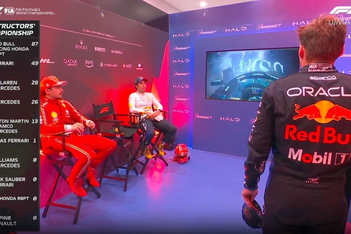 Video: Het onderonsje tussen Max Verstappen, Sergio Pérez en Charles Leclerc in de cooldown room in Saoedi-Arabië