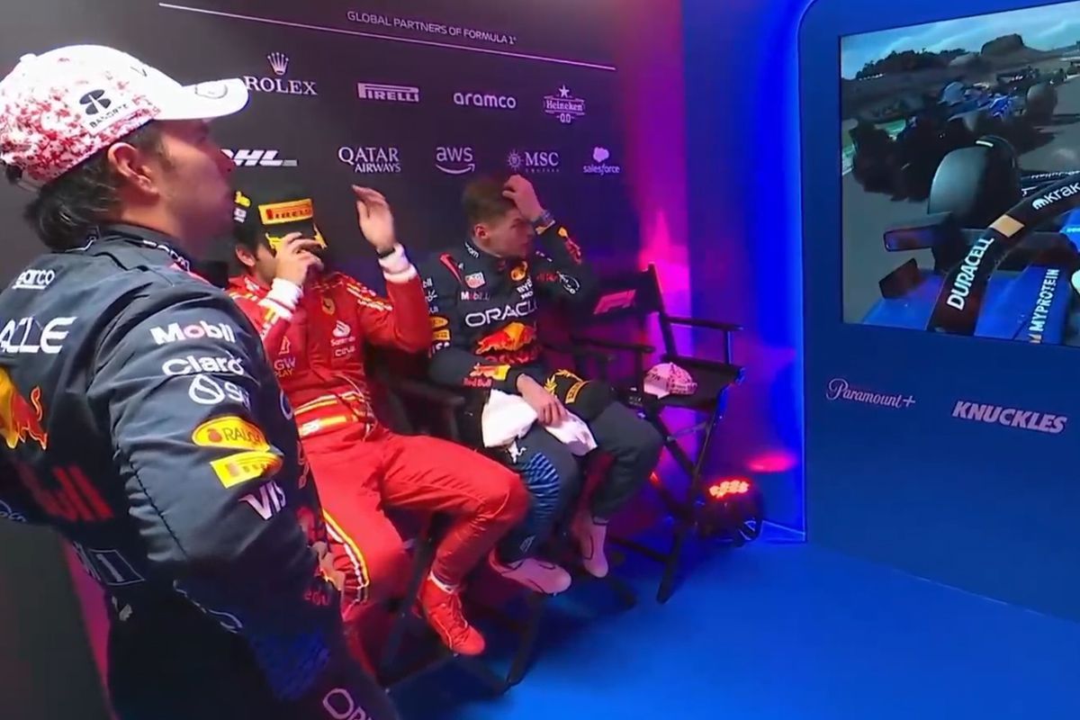 Video: Het onderonsje tussen Max Verstappen, Sergio Pérez en Carlos Sainz in de cooldown room na afloop van de GP van Japan