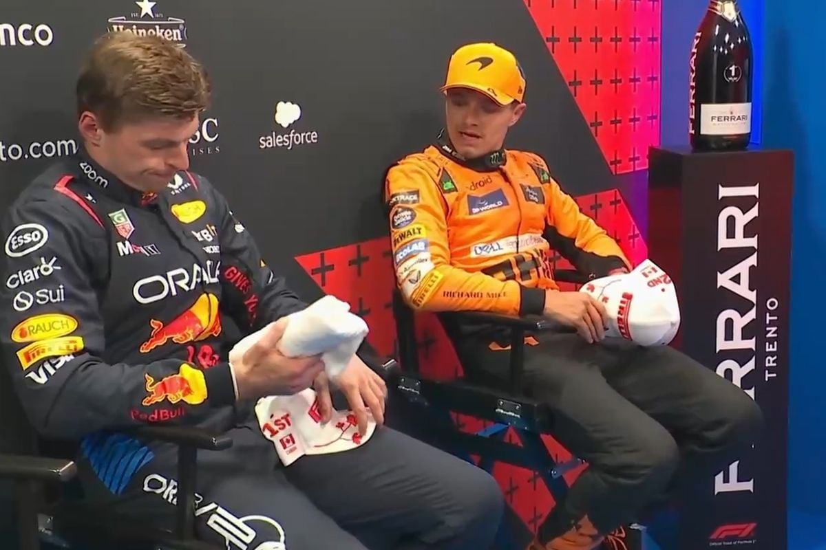 Video: Het onderonsje tussen Verstappen, Norris en Russell in de cooldown room na afloop van GP Canada