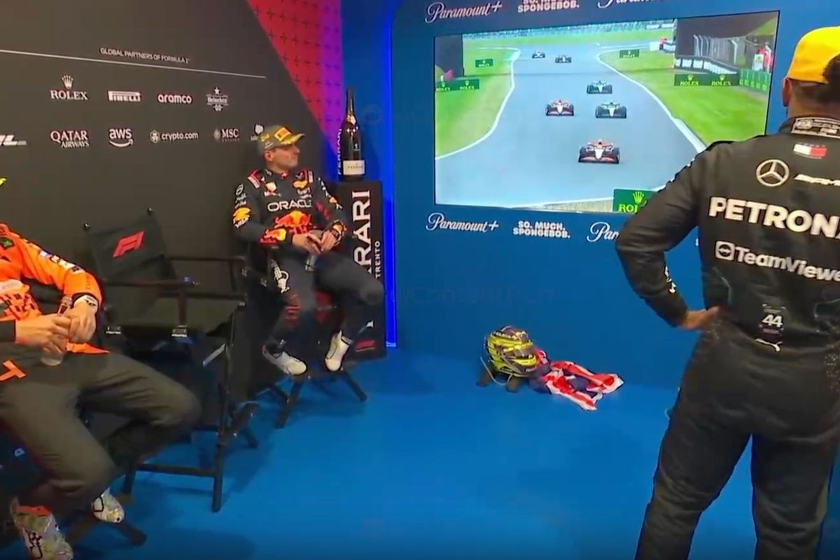 Video: Onderonsje tussen Max Verstappen, Lewis Hamilton en Lando Norris in de cooldown room na GP Groot-Brittannië