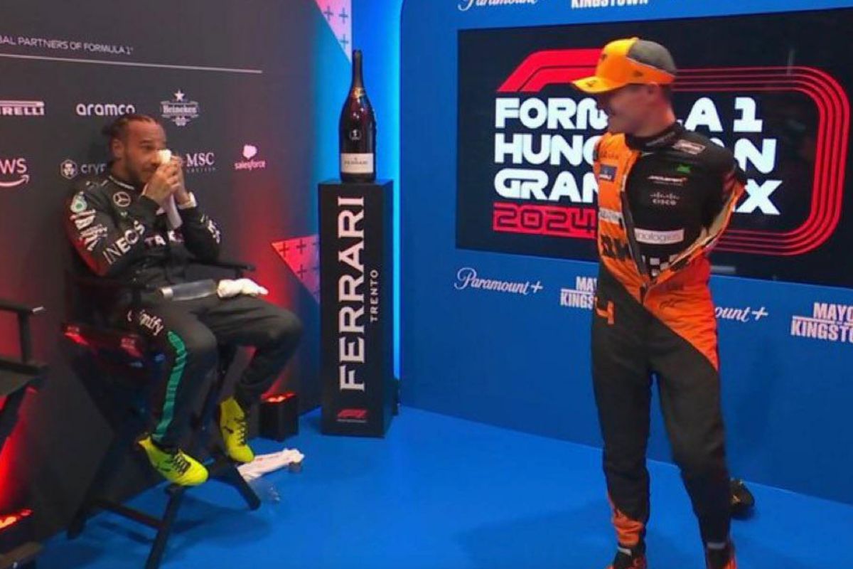 Video: Lewis Hamilton en Lando Norris bekvechten na de race in de cooldown room