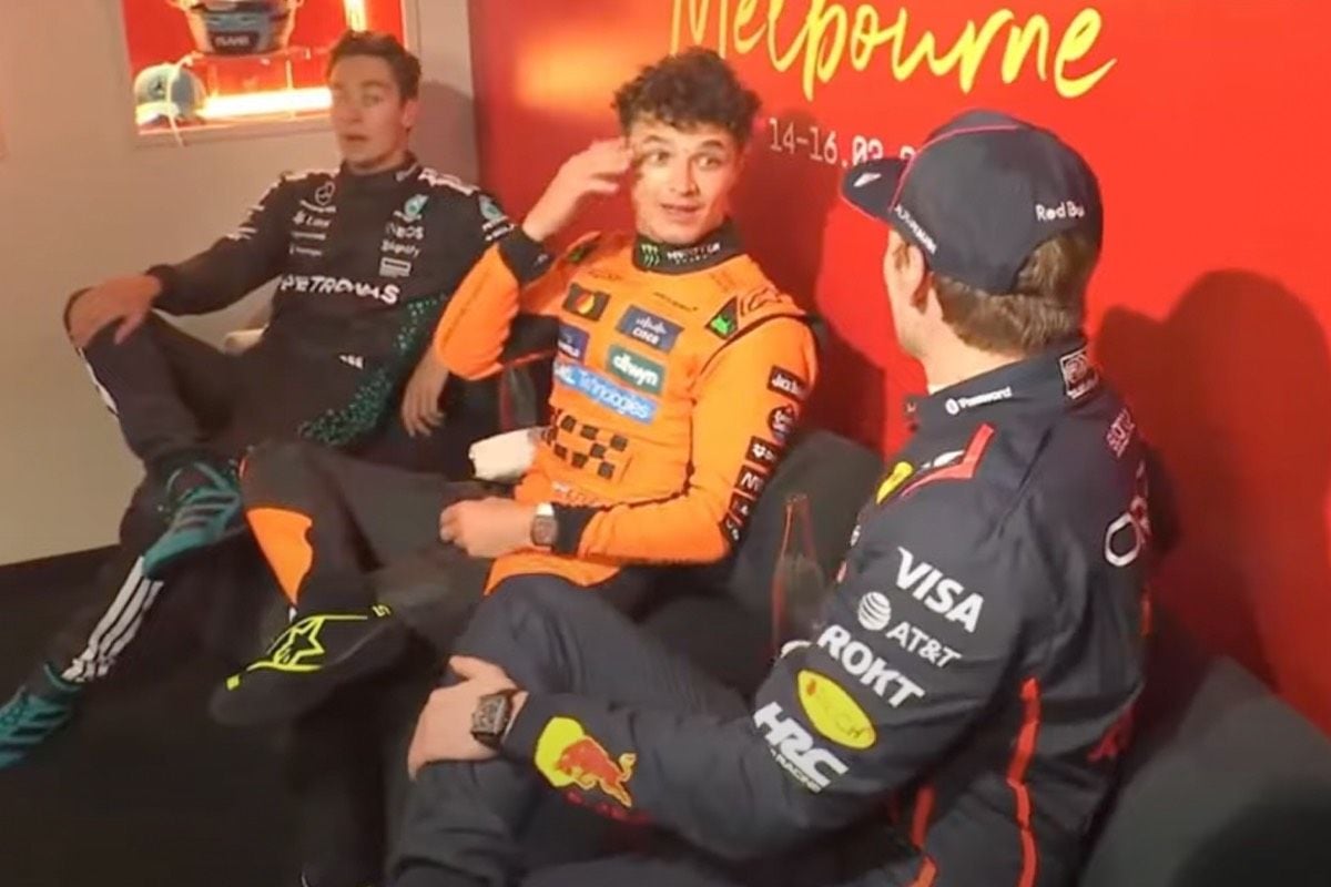 Video: Het onderonsje in de cooldown room tussen Norris, Verstappen en Russell na afloop van de race