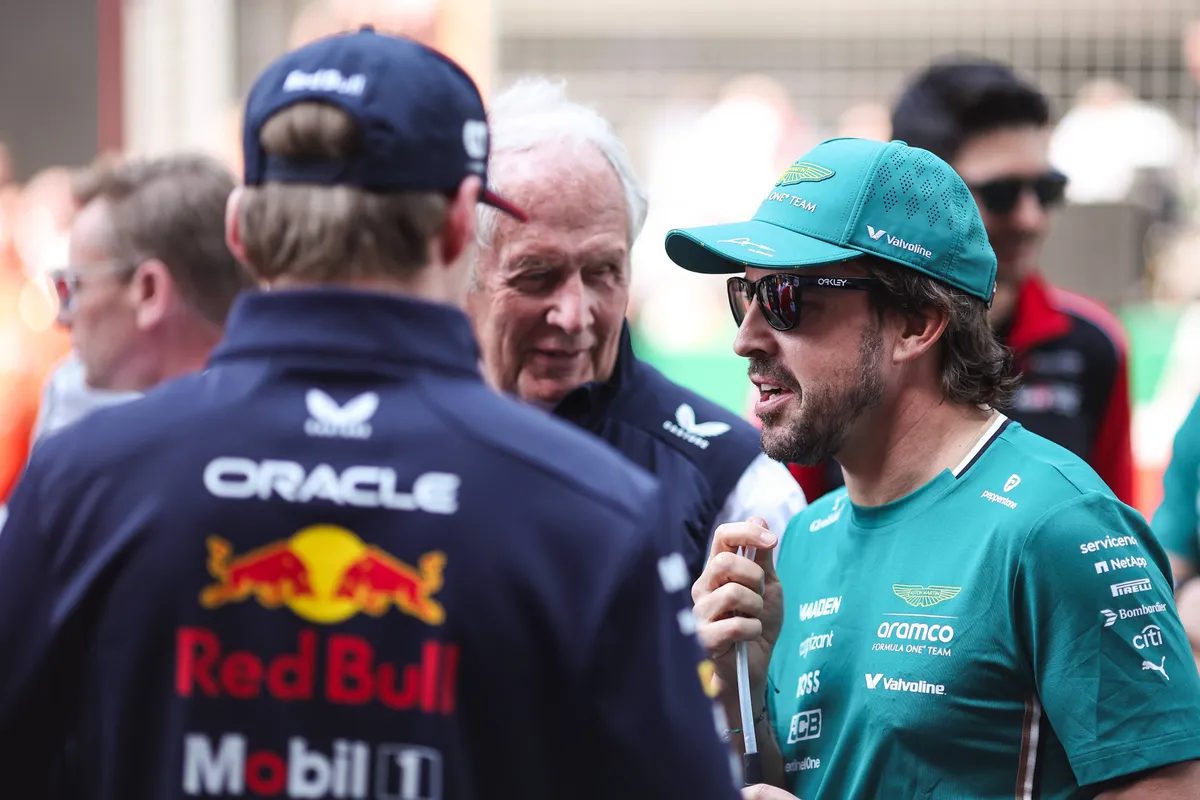 Fernando Alonso, Max Verstappen en Helmut Marko op de grid