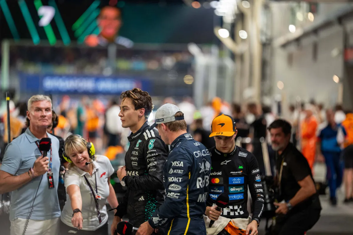 Max Verstappen, George Russell en Oscar Piastri in Singapore in 2025