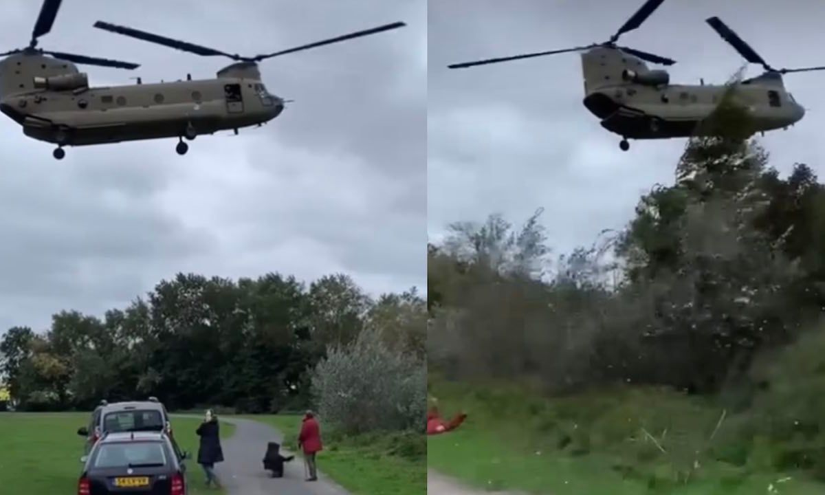 Lief omaatje omver geblazen door Chinook-helikopter