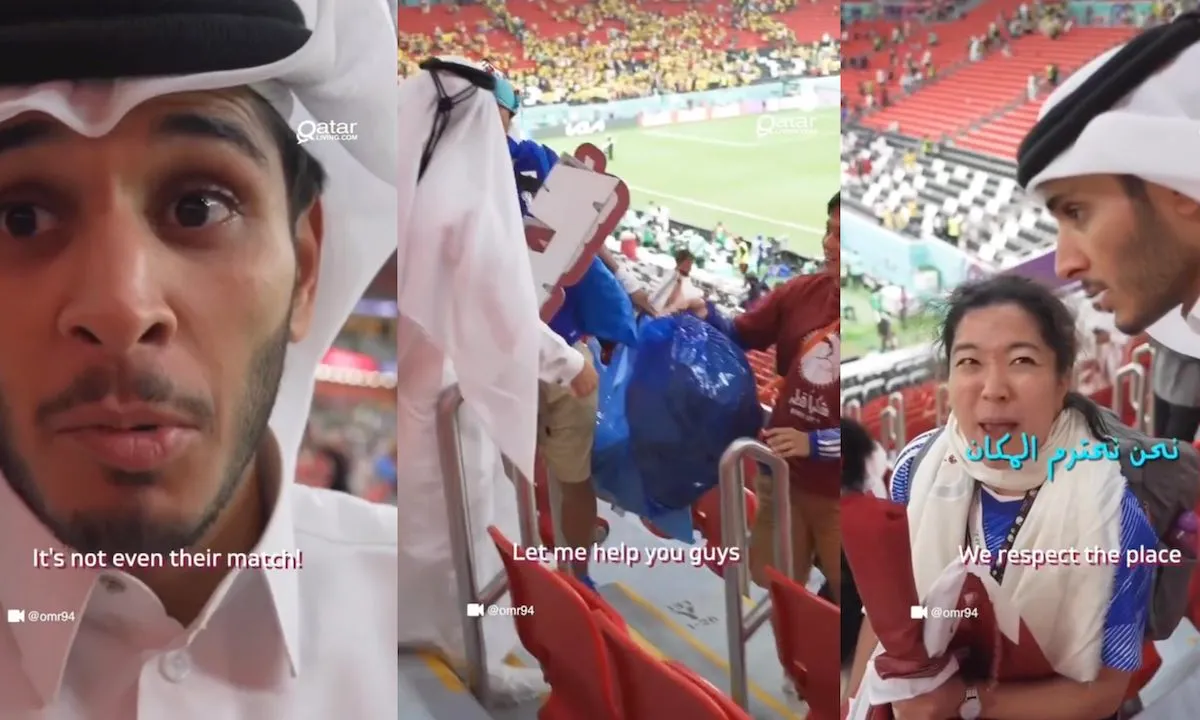 Beelden: Japanse fans ruimen even het stadion op na de wedstrijd