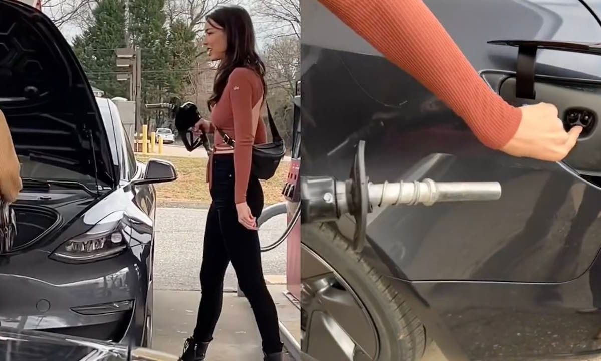 Knap: vrouw gooit benzine in Tesla Model 3