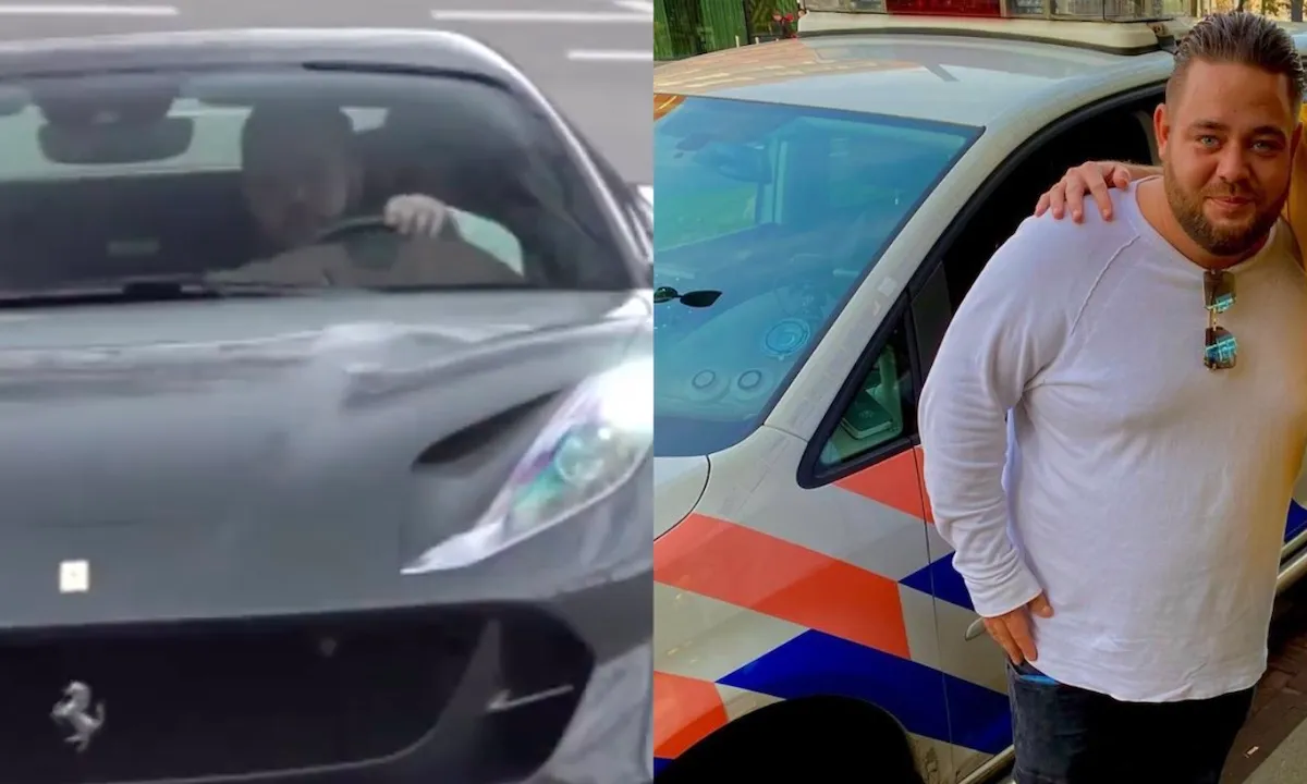 Zoon Peter Gillis scheurt in peperdure Ferrari over de weg