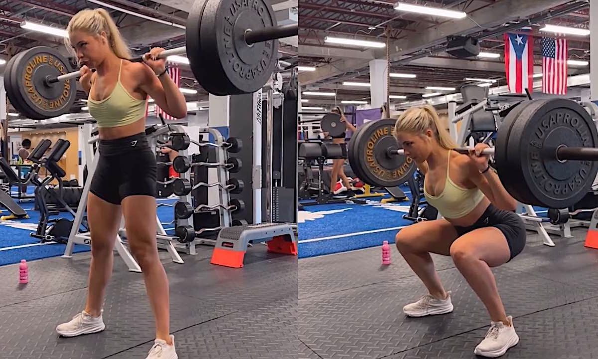 Jutta Leerdam knalt bijna uit haar topje bij intense squat-sessie