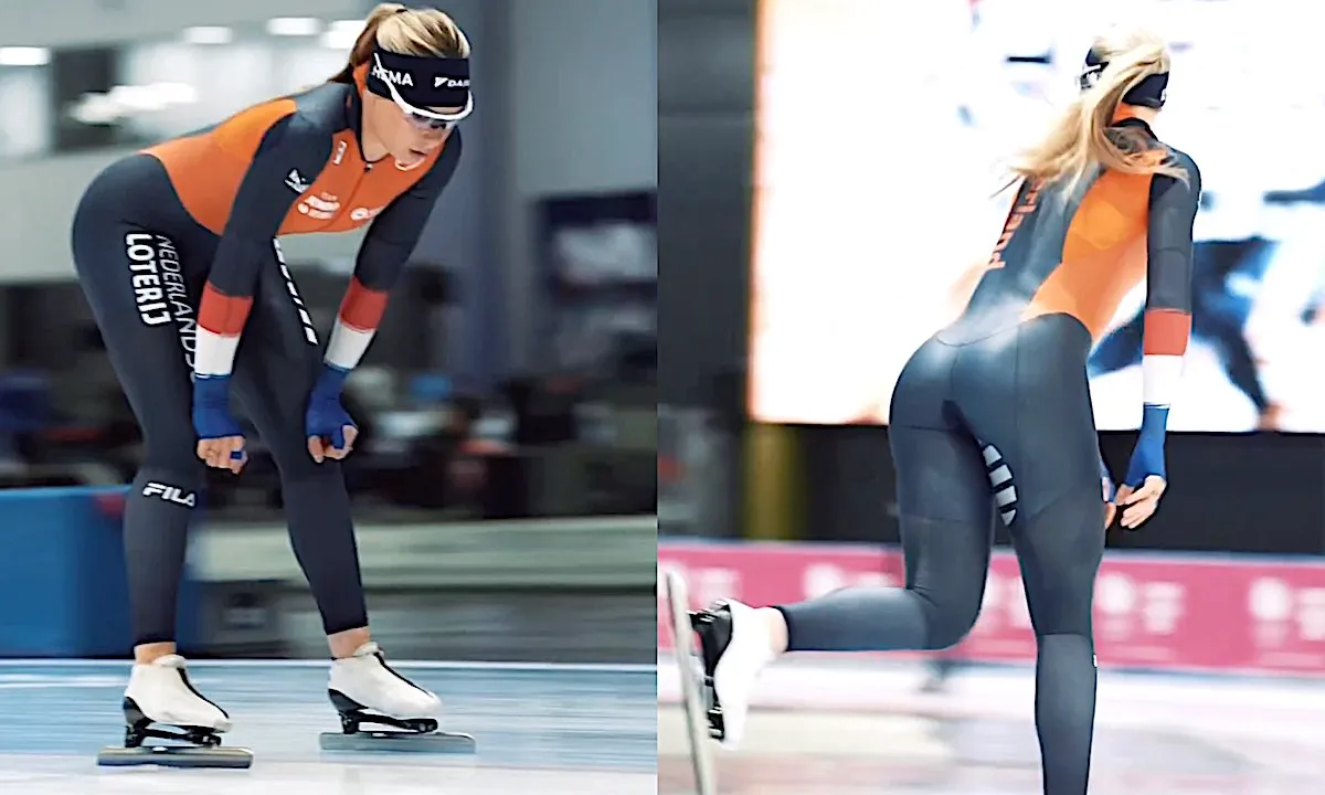 Schaatspak Jutta Leerdam knalt bijna uit elkaar in nieuwe bilpartij-video