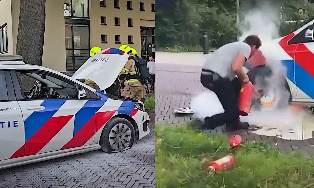 Nederlandse politie-auto vliegt in de fik na achtervolging [filmpje]