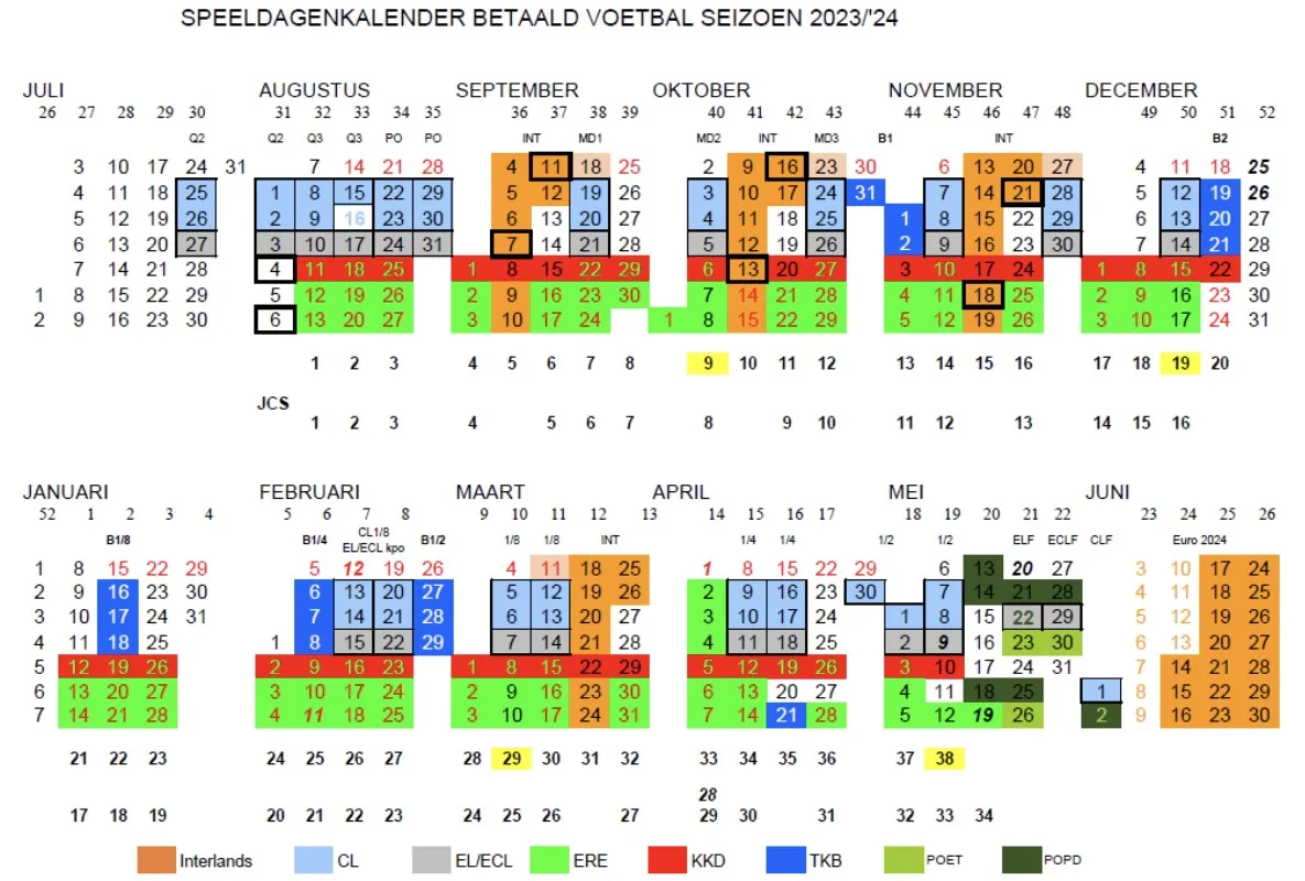 Speeldagenkalender seizoen 2023-2024: Competitie start op 11 augustus