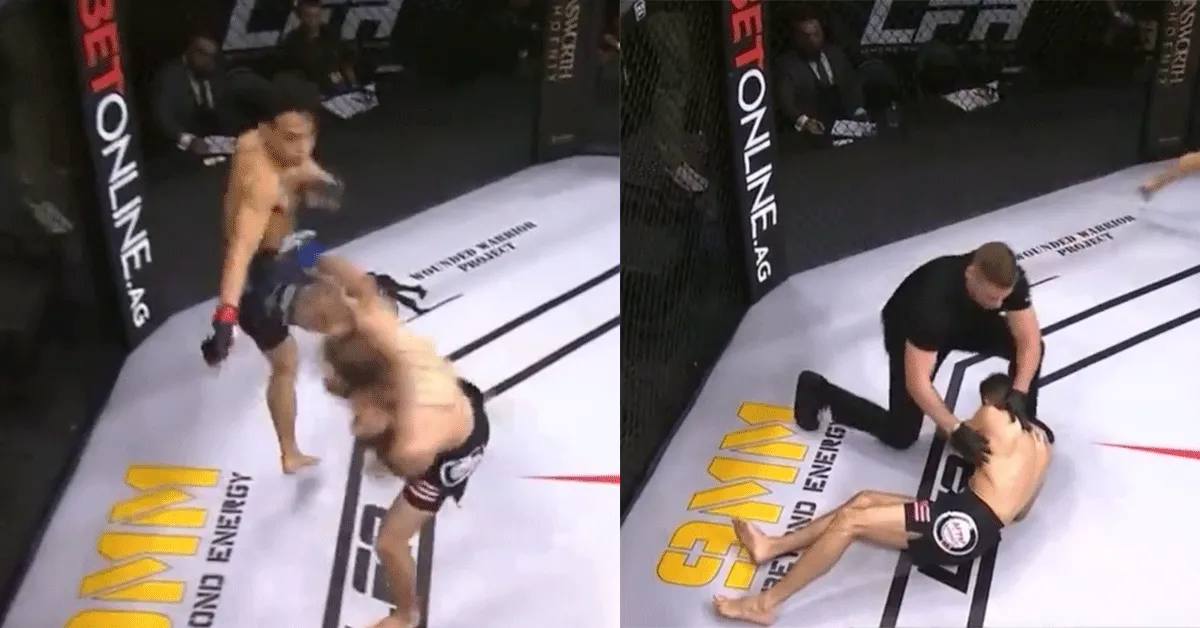 'Slaap ze!' Zieke headkick knock-out tijdens kooigevecht (video)