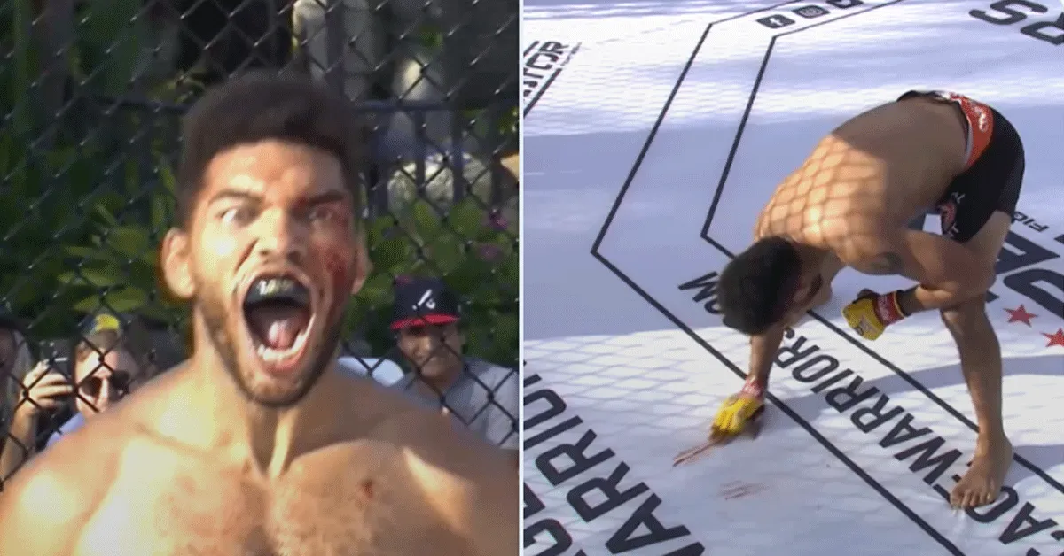 Crazy! Vechter schrijft met bloed mysterieuze tekst op mat MMA-kooi (video)