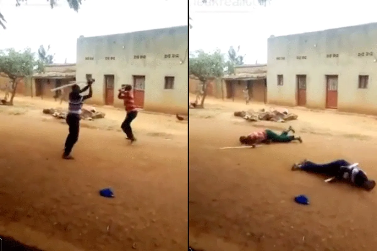 ZIEN! Dubbele 'KO' bij stokken gevecht: 'En door' (video)