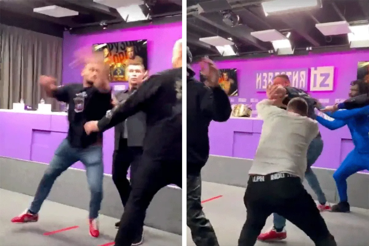 Knokken bij boks staredown! Face-off loopt uit de hand (video)