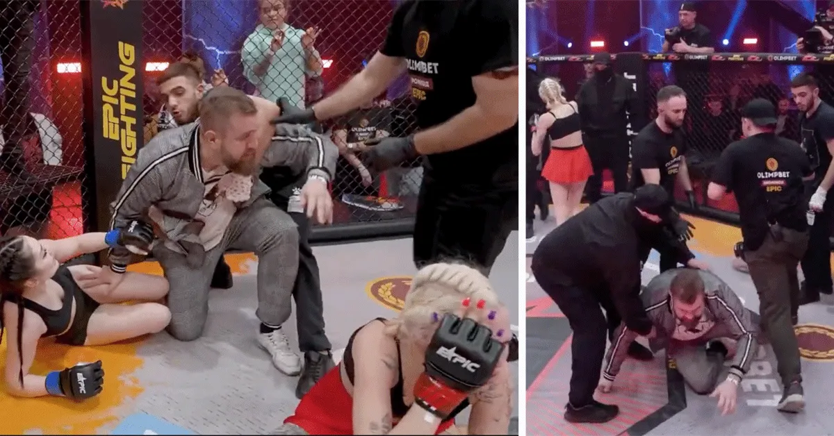 Opgewonden Billentikker stormt MMA-kooi binnen! 'Handjes thuis ouwe' (video)